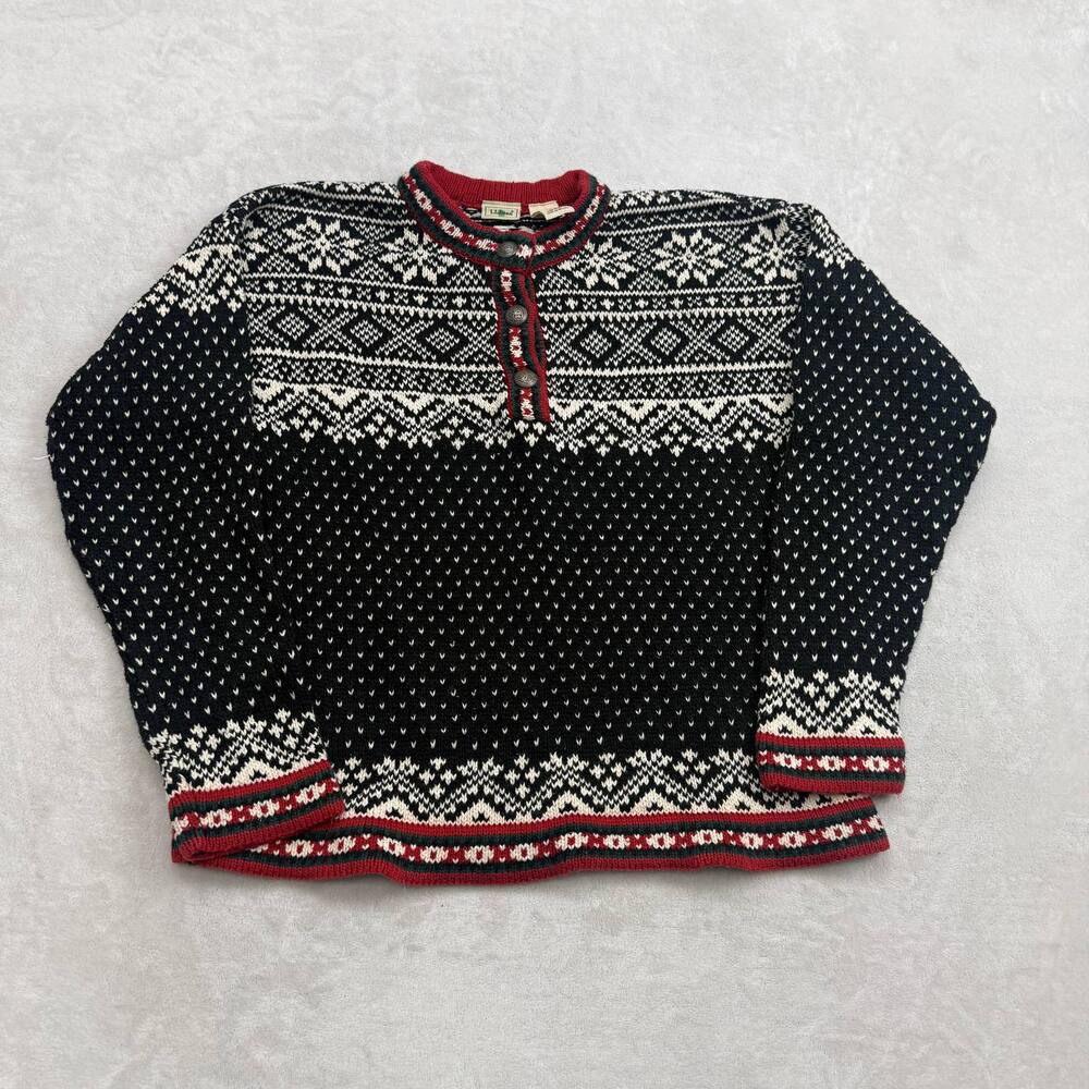 L.L. Bean Women's Nordic Sweater Black Multi Size S Cotton Fair Isle Pullover